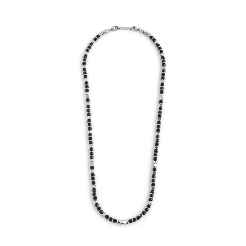 S.STEEL NECKLACE FACETED AGATE S.steel necklace with burnished spheres and black facated agate. Diameter 4.5 mm length 50/52 cm S.STEEL NECKLACE FACETED AGATE S.steel necklace with burnished spheres and black facated agate. Diameter 4.5 mm length 50/52 cm