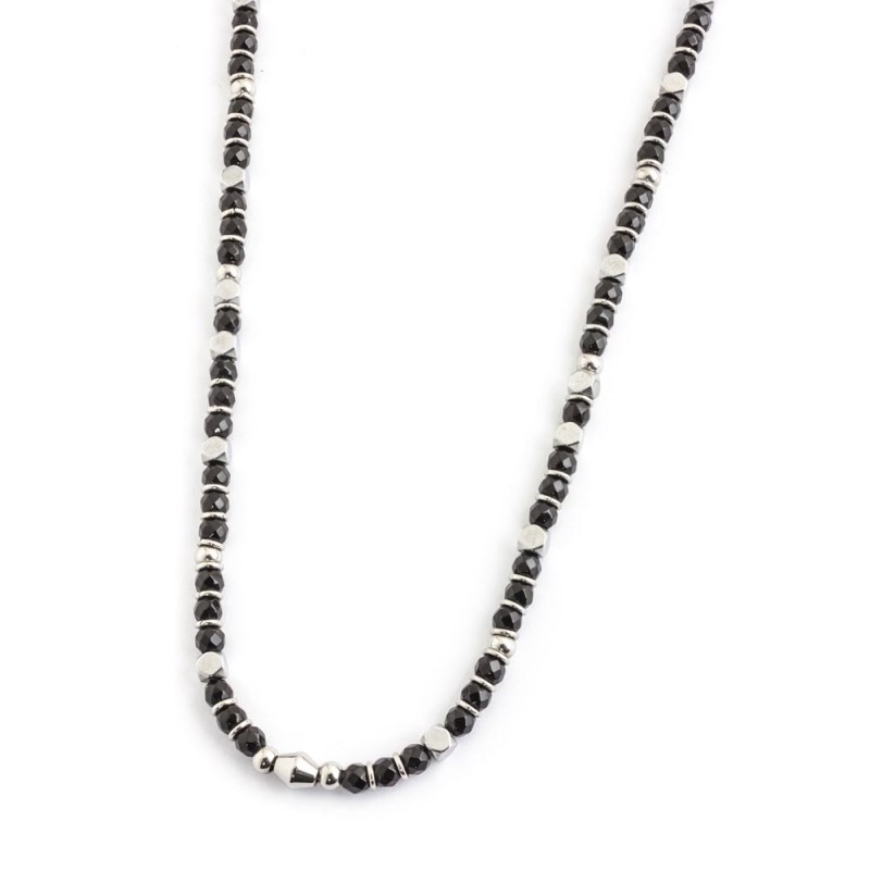 S.STEEL NECKLACE FACETED AGATE S.steel necklace with burnished spheres and black facated agate. Diameter 4.5 mm length 50/52 cm S.STEEL NECKLACE FACETED AGATE S.steel necklace with burnished spheres and black facated agate. Diameter 4.5 mm length 50/52 cm