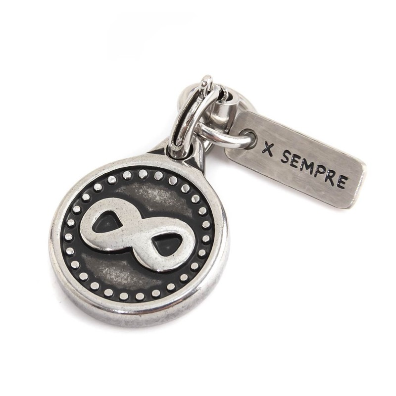 BURNISHED STEEL INFINITE CHARM Burnished steel charm with infinity, diameter 13 mm and total height16 with rectangular tag with BURNISHED STEEL INFINITE CHARM Burnished steel charm with infinity, diameter 13 mm and total height16 with rectangular tag with