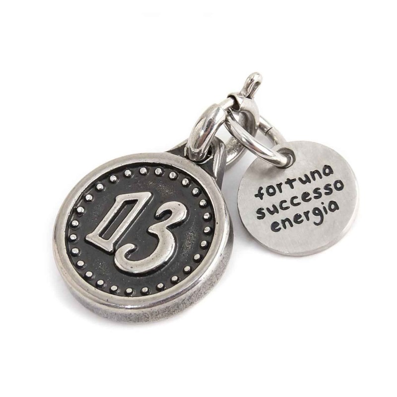 CHARM ACCAIO BRUNITO 13 Burnished steel charm with number 13, diameter 13mm and total height 16 with round tag and words "Fortun CHARM ACCAIO BRUNITO 13 Burnished steel charm with number 13, diameter 13mm and total height 16 with round tag and words "Fortun