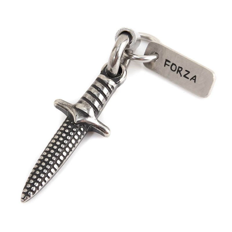 BUGNATO SWORD CHARM Burnished steel charm in a bugnato sword shape and rectangular tag with the word "Forza"Man Class 27 Colle BUGNATO SWORD CHARM Burnished steel charm in a bugnato sword shape and rectangular tag with the word "Forza"Man Class 27 Colle