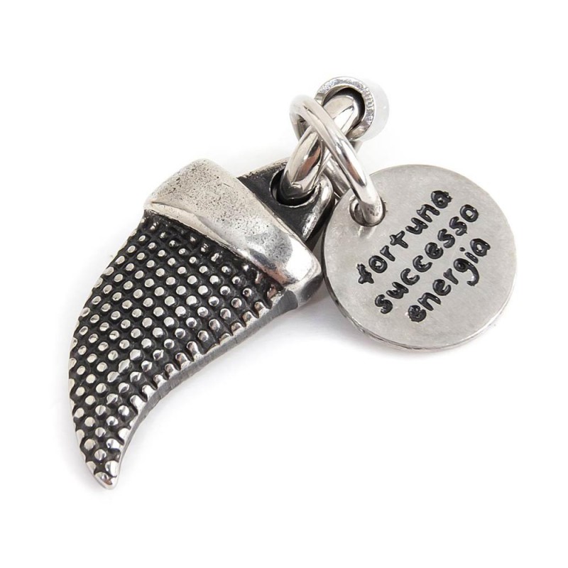 BUGNATO TUSK CHARM Burnished steel charm shaped bugnato tusk and round tag with the words "Fortune, success, energy"Man Class BUGNATO TUSK CHARM Burnished steel charm shaped bugnato tusk and round tag with the words "Fortune, success, energy"Man Class