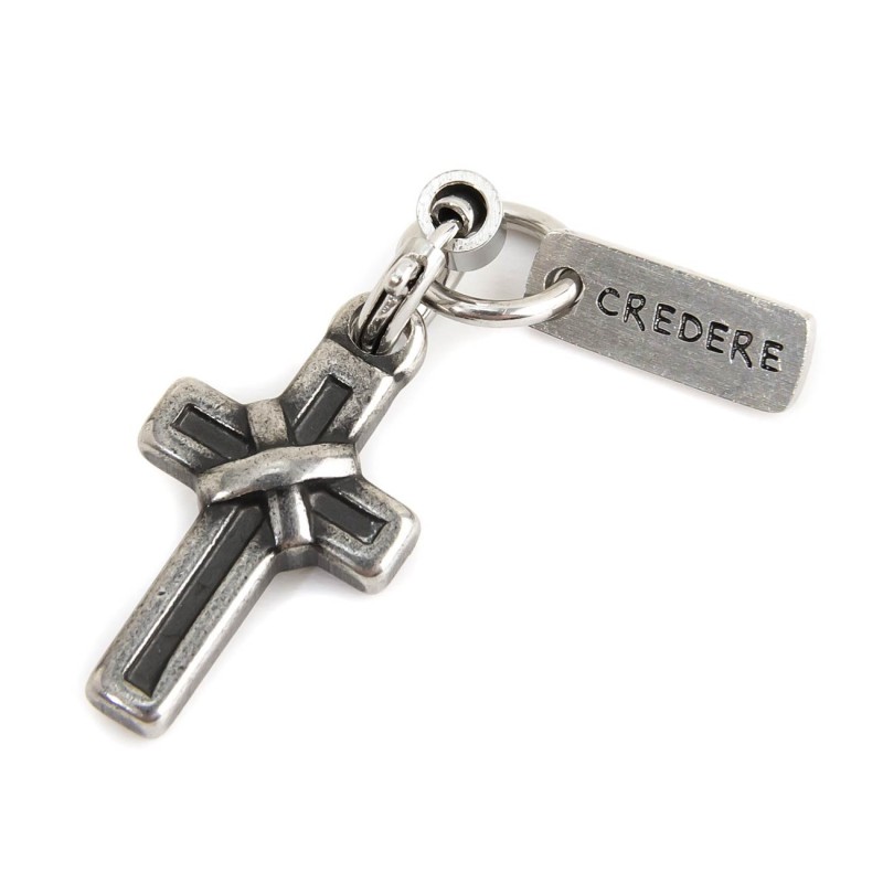 BURNISHED STEEL CROSS CHARM Burnished steel charm in the shape of a cross and rectangular tag with the word "Credere"Man Class BURNISHED STEEL CROSS CHARM Burnished steel charm in the shape of a cross and rectangular tag with the word "Credere"Man Class