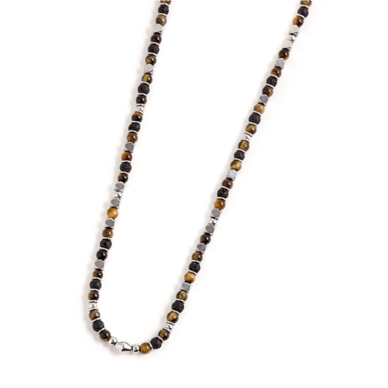S.STEEL NECKLACE BROWN AND BLACK STONE S.steel necklace with 4.30mm tiger eye stone, 4.90mm lava stone, 3.85mm hematite stone, 4 S.STEEL NECKLACE BROWN AND BLACK STONE S.steel necklace with 4.30mm tiger eye stone, 4.90mm lava stone, 3.85mm hematite stone, 4