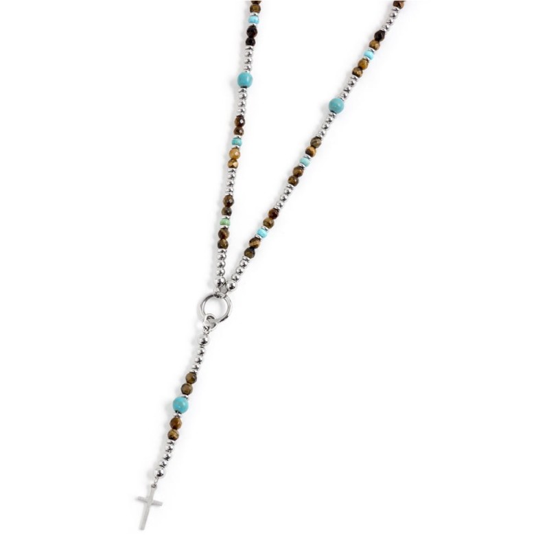 S.STEEL Y NECKLACE BROWN AND TURQUOISE S.steel "Y" necklace with 4.10mm faceted tiger eye stone, 4.40mm and 6.00mm composite tur S.STEEL Y NECKLACE BROWN AND TURQUOISE S.steel "Y" necklace with 4.10mm faceted tiger eye stone, 4.40mm and 6.00mm composite tur
