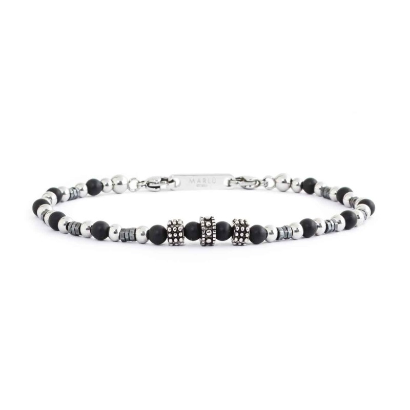 BRACELET WITH ELEMENTS IN ONYX AND HEMATITE Steel chain bracelet with 4 mm elements in black onyx and hematite. Length 19/21 cm, BRACELET WITH ELEMENTS IN ONYX AND HEMATITE Steel chain bracelet with 4 mm elements in black onyx and hematite. Length 19/21 cm,