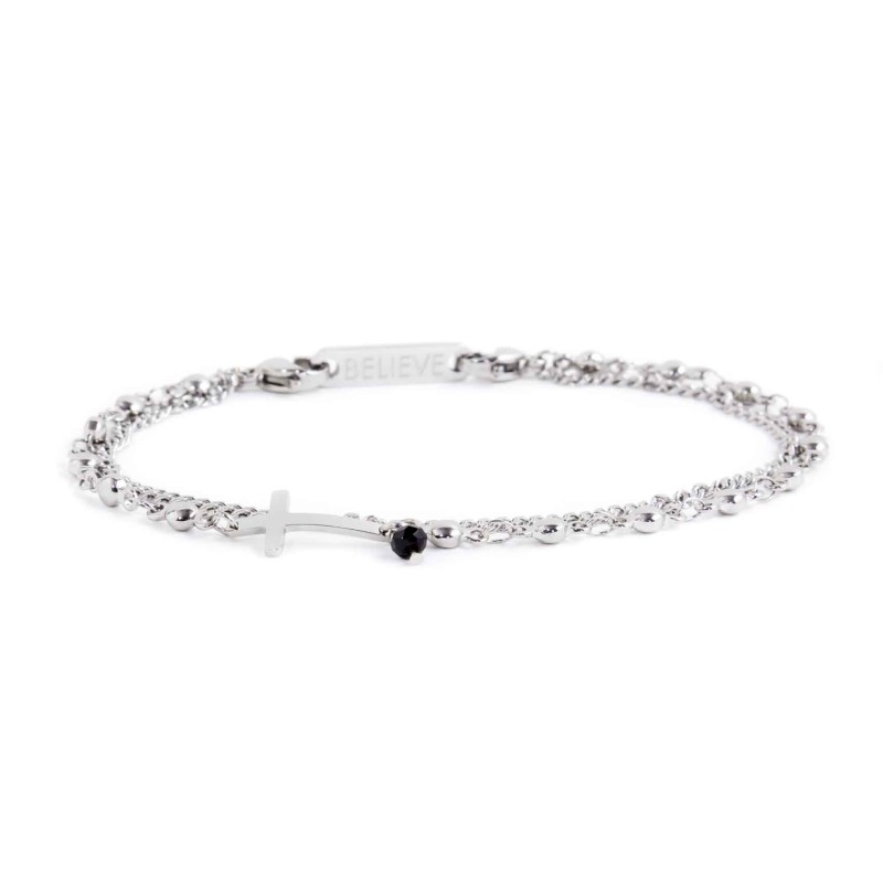 S.S.POLISHED BRACELET DOUBL CHAIN ROSARY S.steel polished bracelet with curved cross 15.70 mm with thickness 1 mm,  with black c S.S.POLISHED BRACELET DOUBL CHAIN ROSARY S.steel polished bracelet with curved cross 15.70 mm with thickness 1 mm,  with black c