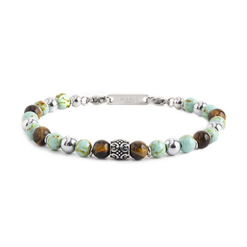 BR TURQUOISE AND TIGER EYE BEADS .steel polished bracelet on center with s.steel cylider with black oil texture 7*6.90 mm, alter BR TURQUOISE AND TIGER EYE BEADS .steel polished bracelet on center with s.steel cylider with black oil texture 7*6.90 mm, alter
