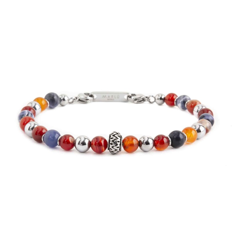 BR CARNELIAN AND SODALITE BEADS S.steel polished bracelet on center with s.steel cylider with black oil texture 8.30 mm diameter BR CARNELIAN AND SODALITE BEADS S.steel polished bracelet on center with s.steel cylider with black oil texture 8.30 mm diameter
