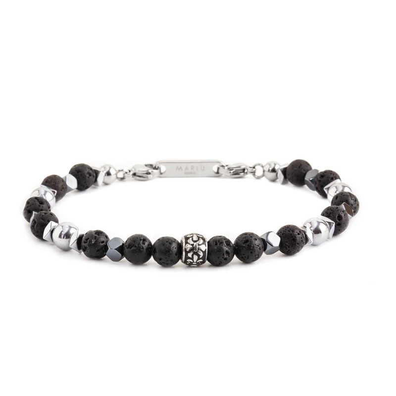 BR LAVA STONE AND HEMATITE BEADS S.steel polished bracelet on center with s.steel element with black oil texture 7.30*5.30 mm, a BR LAVA STONE AND HEMATITE BEADS S.steel polished bracelet on center with s.steel element with black oil texture 7.30*5.30 mm, a