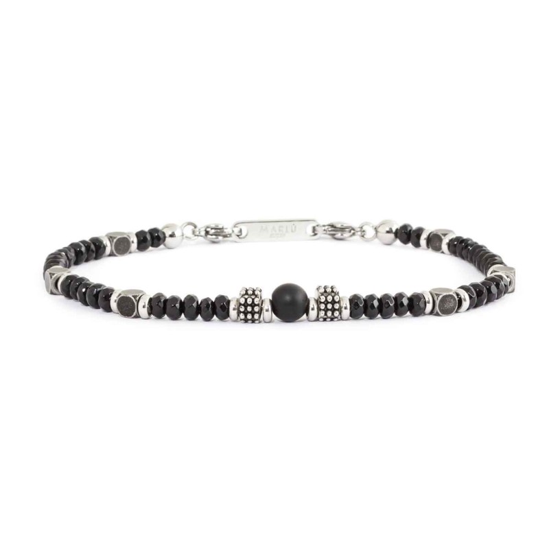 BRACELET WITH MIXED ELEMENTS Chain bracelet with nuggets in steel and burnished steel with central element in black agate. Lengt BRACELET WITH MIXED ELEMENTS Chain bracelet with nuggets in steel and burnished steel with central element in black agate. Lengt