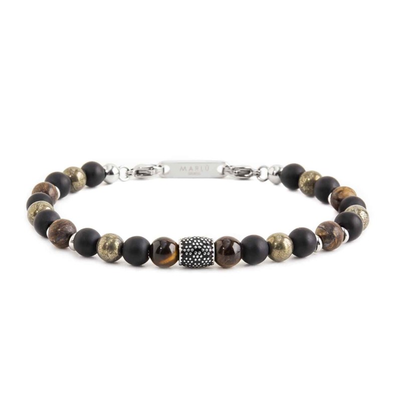 BR BLACK AGATA AND TIGER EYE BEADS S.steel polished bracelet, on center with s.steel cylider with black oil flowers texture 6.70 BR BLACK AGATA AND TIGER EYE BEADS S.steel polished bracelet, on center with s.steel cylider with black oil flowers texture 6.70