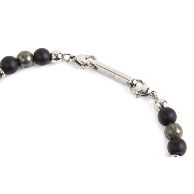 BR BLACK AGATA AND TIGER EYE BEADS S.steel polished bracelet, on center with s.steel cylider with black oil flowers texture 6.70 BR BLACK AGATA AND TIGER EYE BEADS S.steel polished bracelet, on center with s.steel cylider with black oil flowers texture 6.70