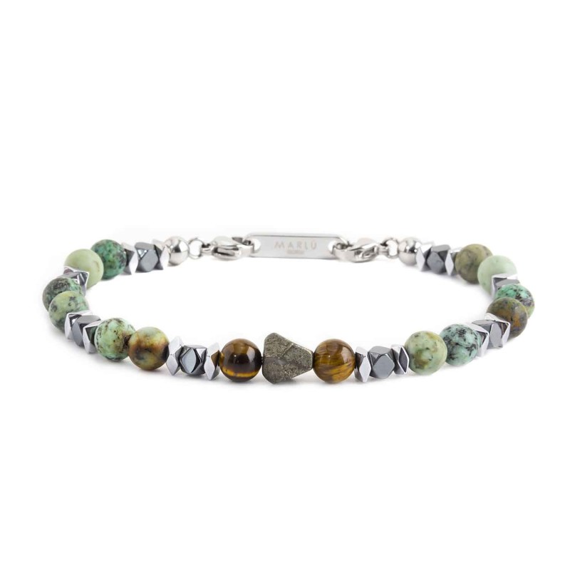 BR AFRICAN TURQUOISE AND HEMATITE BEADS S.steel polished bracelet on center with octagonal pyrite 7*6.30 mm, alternate african t BR AFRICAN TURQUOISE AND HEMATITE BEADS S.steel polished bracelet on center with octagonal pyrite 7*6.30 mm, alternate african t