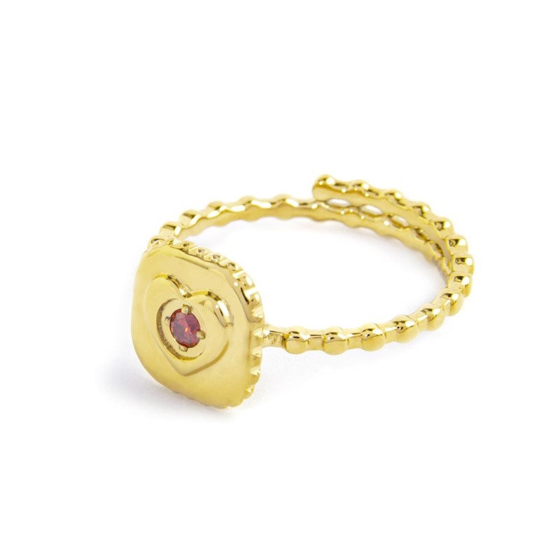 S.S GOLD IP RING SQUARE ELEM. HEART RED CZ STONE Polished s.steel gold ip ring with dots texuture, width 1,50 mm, thickness 1,30 S.S GOLD IP RING SQUARE ELEM. HEART RED CZ STONE Polished s.steel gold ip ring with dots texuture, width 1,50 mm, thickness 1,30
