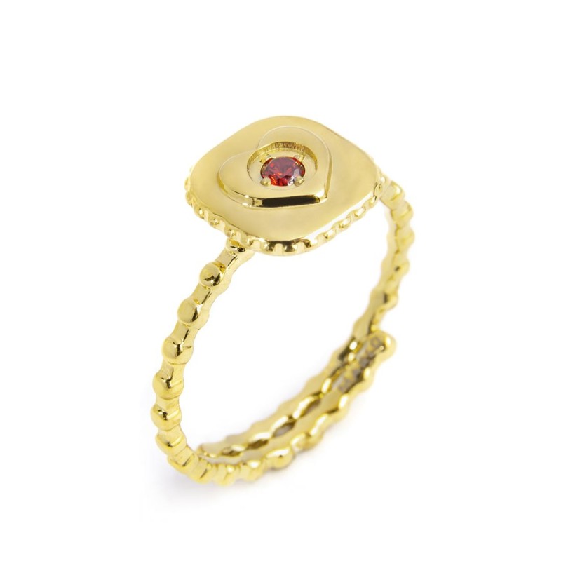 S.S GOLD IP RING SQUARE ELEM. HEART RED CZ STONE Polished s.steel gold ip ring with dots texuture, width 1,50 mm, thickness 1,30 S.S GOLD IP RING SQUARE ELEM. HEART RED CZ STONE Polished s.steel gold ip ring with dots texuture, width 1,50 mm, thickness 1,30