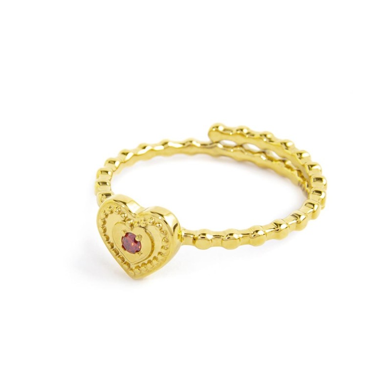 S.S. G.IP RING WITH HEART WITH RED CZ STONE SIZE 52 Polished s.steel gold ip ring with dots texuture, width 1,50 mm, thickness 1