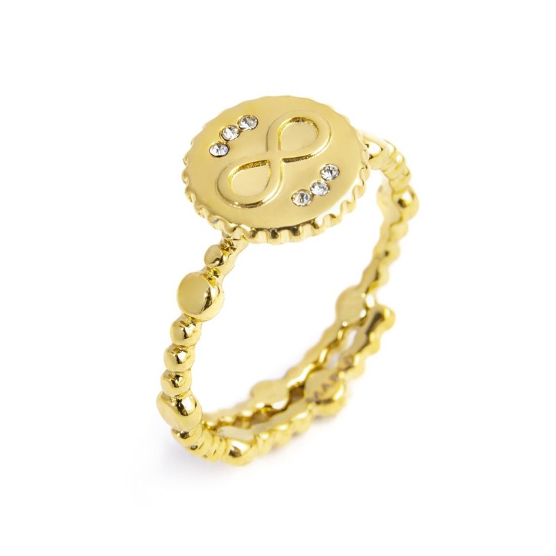 S.S. G.IP RING MEDAL INFINITY SYMBOL AND WHITE CRYST SIZE 52 Polished s.steel gold ip ring, with large and small dots texture by S.S. G.IP RING MEDAL INFINITY SYMBOL AND WHITE CRYST SIZE 52 Polished s.steel gold ip ring, with large and small dots texture by