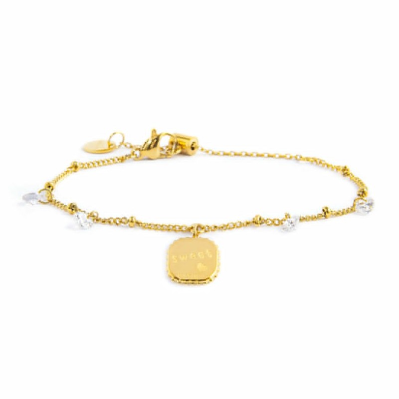 S.S.GOLD IP BRAC WITH BALLS, CZ STONES AND SQUARED PEND S.steel with gold ip bracelet market grumetta chain with balls, 1,40 mm S.S.GOLD IP BRAC WITH BALLS, CZ STONES AND SQUARED PEND S.steel with gold ip bracelet market grumetta chain with balls, 1,40 mm