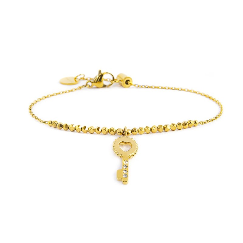 S.S.GOLD IP BRACELET HEMATITE AND KEY PENDANT S.steel gold ip bracelet main chain is "O" chain, 1,20 mm width, 0,26 mm thickness S.S.GOLD IP BRACELET HEMATITE AND KEY PENDANT S.steel gold ip bracelet main chain is "O" chain, 1,20 mm width, 0,26 mm thickness