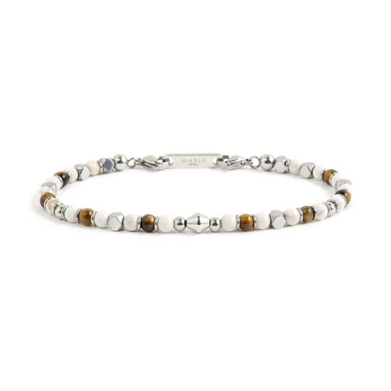 S.STEEL BRACELET WHITE AND BROWN STONE S.steel bracelet with 4.60mm white agate stone, 4.30mm eye tiger stone, 3.85mm crome hema S.STEEL BRACELET WHITE AND BROWN STONE S.steel bracelet with 4.60mm white agate stone, 4.30mm eye tiger stone, 3.85mm crome hema