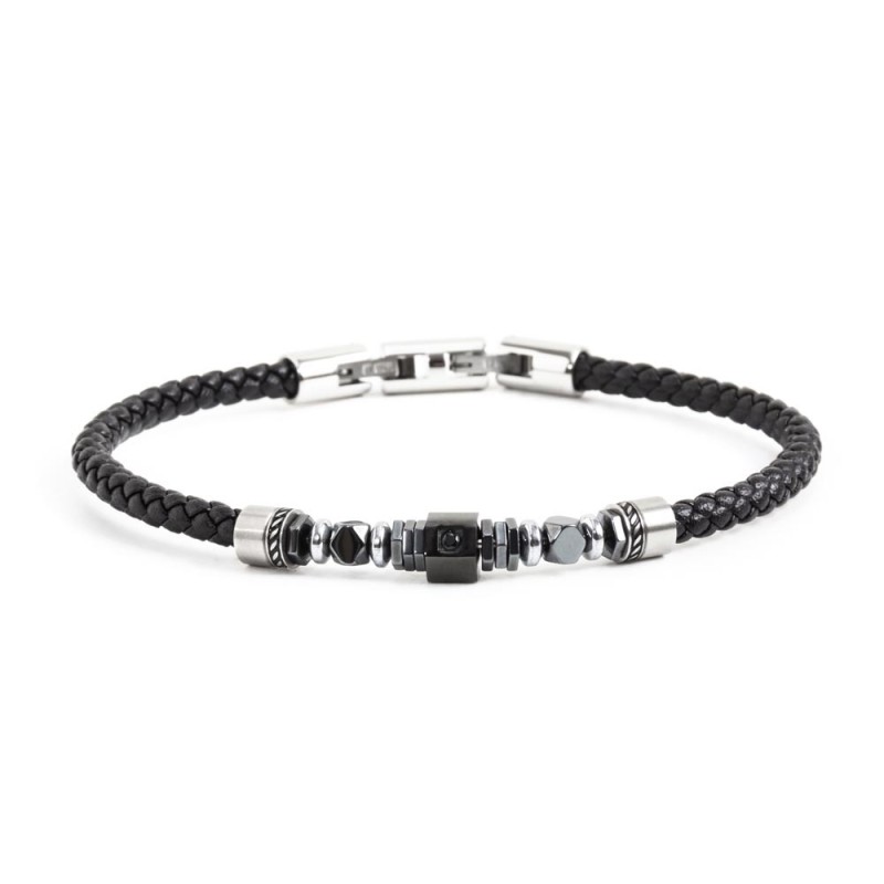 BR BLACK LEATHER S.S. BLACK IP HEXAG. EL Bracelet s.steel and black ecoleather scubidou 4 mm, with elements in s.steel black ip BR BLACK LEATHER S.S. BLACK IP HEXAG. EL Bracelet s.steel and black ecoleather scubidou 4 mm, with elements in s.steel black ip