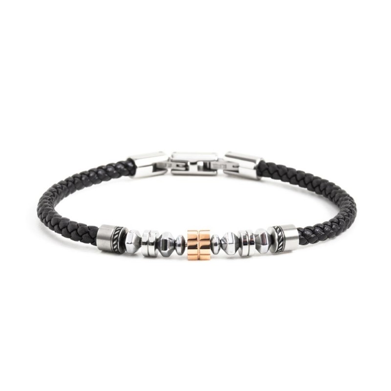 BR BLACK ECOLEATHER HEXAGON. EL.ROSE PVD Bracelet s.steel and black ecoleather scubidou 4 mm, with central element in s.steel ro BR BLACK ECOLEATHER HEXAGON. EL.ROSE PVD Bracelet s.steel and black ecoleather scubidou 4 mm, with central element in s.steel ro