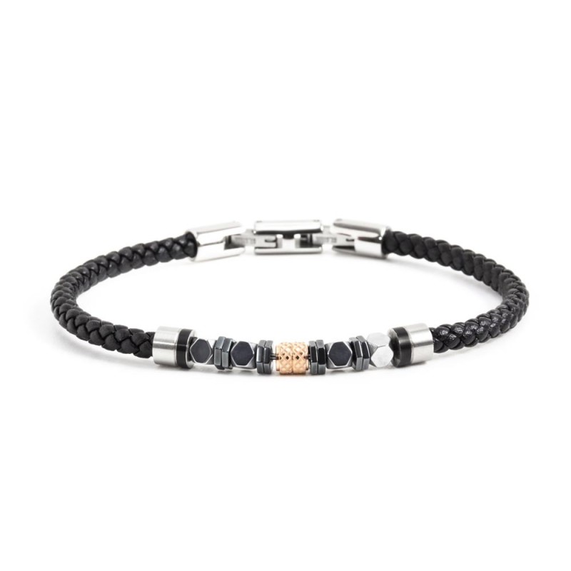 BR BLACK ECOLEATHER ROSE' EL.TEXTURED Bracelet s.steel and black ecoleather scubidou 4 mm, with central element s.steel with ros BR BLACK ECOLEATHER ROSE' EL.TEXTURED Bracelet s.steel and black ecoleather scubidou 4 mm, with central element s.steel with ros