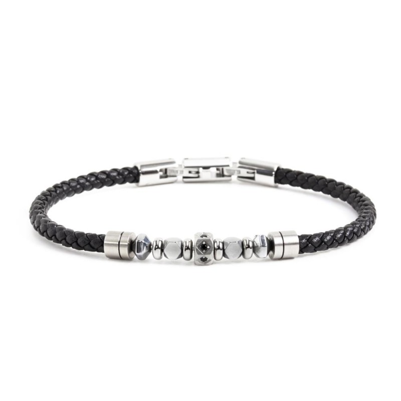 BR BLACK ECOLEATHER HESAG.EL. BLACK CRYS Bracelet s.steel and black ecoleather scubidou 4 mm, with central hesagonal element in BR BLACK ECOLEATHER HESAG.EL. BLACK CRYS Bracelet s.steel and black ecoleather scubidou 4 mm, with central hesagonal element in