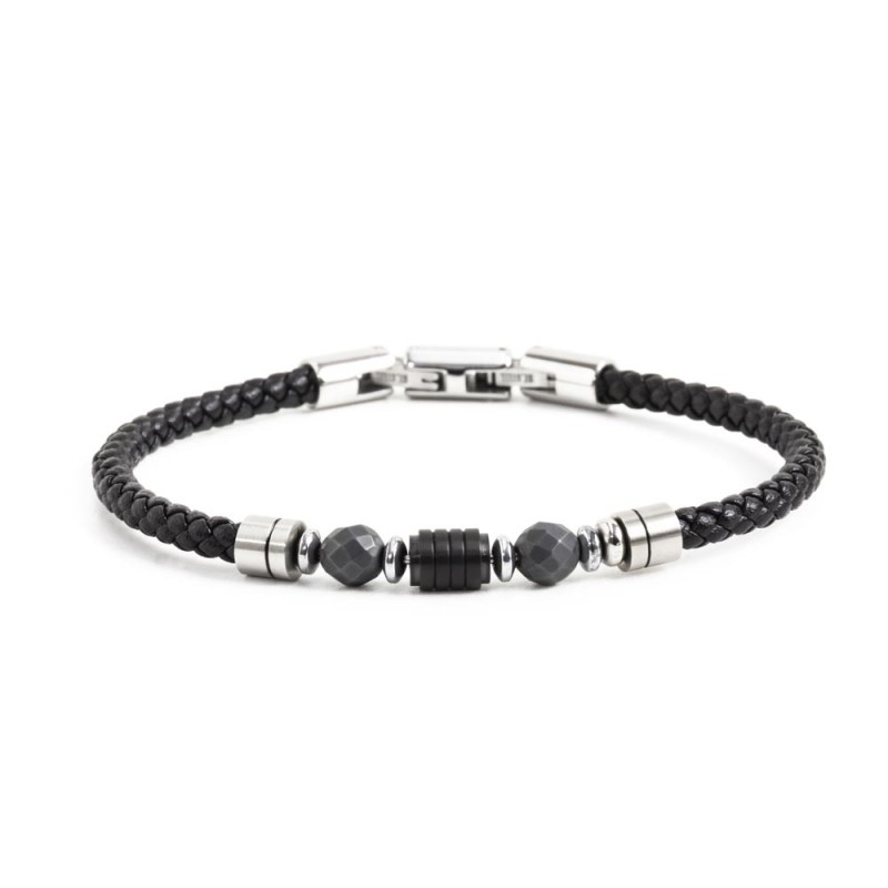 BR BLACK ECOLEATHER S.S.BLACK IP ELEMENT Bracelet s.steel and black ecoleather scubidou 4 mm, with central element in s.steel bl BR BLACK ECOLEATHER S.S.BLACK IP ELEMENT Bracelet s.steel and black ecoleather scubidou 4 mm, with central element in s.steel bl