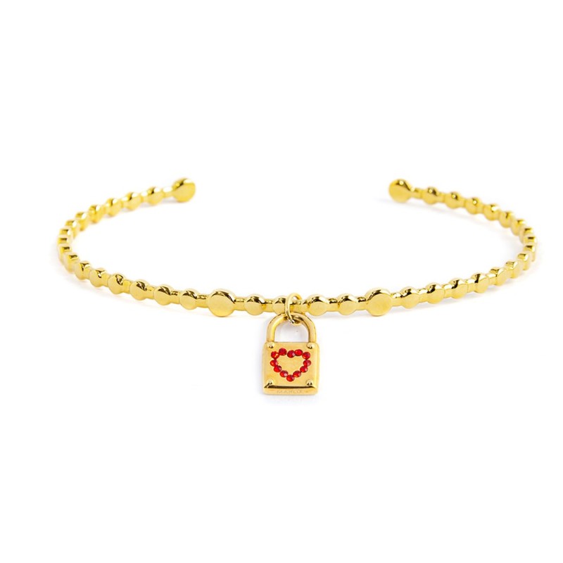 S.S.GOLD IP BANGLE WITH PADLOCK PENDANT S.steel gold ip bangle with balls texture by stamping, size 58,80 mm (major axis)*48 mm S.S.GOLD IP BANGLE WITH PADLOCK PENDANT S.steel gold ip bangle with balls texture by stamping, size 58,80 mm (major axis)*48 mm
