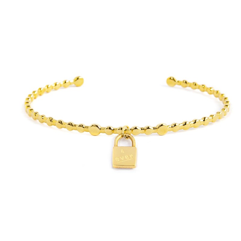 S.S.GOLD IP BANGLE WITH PADLOCK PENDANT S.steel gold ip bangle with balls texture by stamping, size 58,80 mm (major axis)*48 mm S.S.GOLD IP BANGLE WITH PADLOCK PENDANT S.steel gold ip bangle with balls texture by stamping, size 58,80 mm (major axis)*48 mm