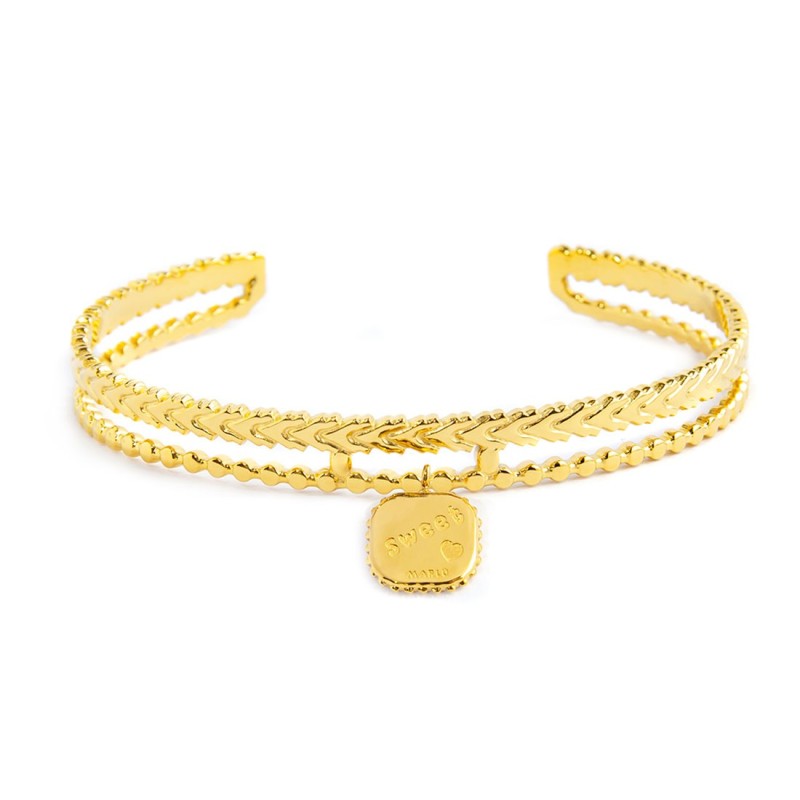 S.S.GOLD IP DOUBLE BANGLE WITH SQUARE PEND S.steel gold ip double bangle size 57 mm (major axis)*50 mm (minor axis), with first S.S.GOLD IP DOUBLE BANGLE WITH SQUARE PEND S.steel gold ip double bangle size 57 mm (major axis)*50 mm (minor axis), with first