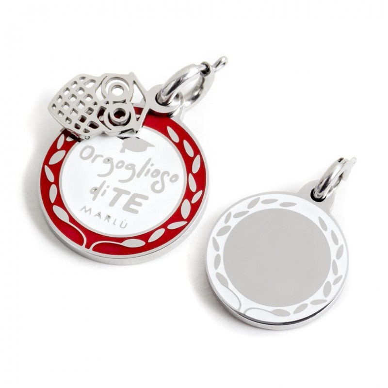 S.STEEL DOUBLE CHARM ORGOGL DI TE RED EN S.steel charm composed by drilled owl-shaped charm and medal with 17 mm diameter, on th S.STEEL DOUBLE CHARM ORGOGL DI TE RED EN S.steel charm composed by drilled owl-shaped charm and medal with 17 mm diameter, on th