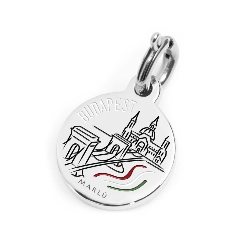 S.STEEL CHARM BUDAPEST S.steel round charm with Budapest city's symbols image, 14 mm diameter. On the front side lettering in bl S.STEEL CHARM BUDAPEST S.steel round charm with Budapest city's symbols image, 14 mm diameter. On the front side lettering in bl