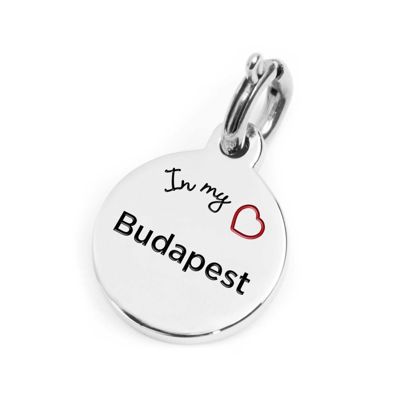 S.STEEL CHARM BUDAPEST S.steel round charm with Budapest city's symbols image, 14 mm diameter. On the front side lettering in bl S.STEEL CHARM BUDAPEST S.steel round charm with Budapest city's symbols image, 14 mm diameter. On the front side lettering in bl