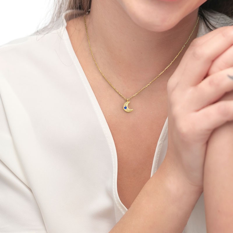 S.S.GOLD IP NECKLACE MOON PEND WITH BLUE CZ STONE S.steel gold ip necklace cross chain, 1 mm width, 0,27 thickness, with moon sh S.S.GOLD IP NECKLACE MOON PEND WITH BLUE CZ STONE S.steel gold ip necklace cross chain, 1 mm width, 0,27 thickness, with moon sh