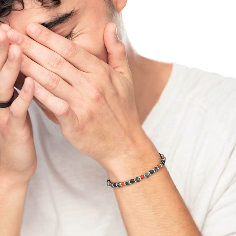 S.STEEL BRACELET RED AND BLACK STONE S.steel bracelet with 4.40mm red carnelian stone, 4.90 lava stone, 4.00mm steel brushed bla