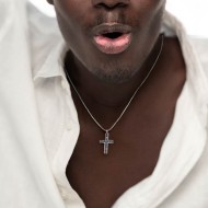 S.STEEL NECKLACE CROSS PEND 20MM WITH BLACK CRYST S.steel necklace with box rounded chain, 1,20 mm thickness, with cross shape p