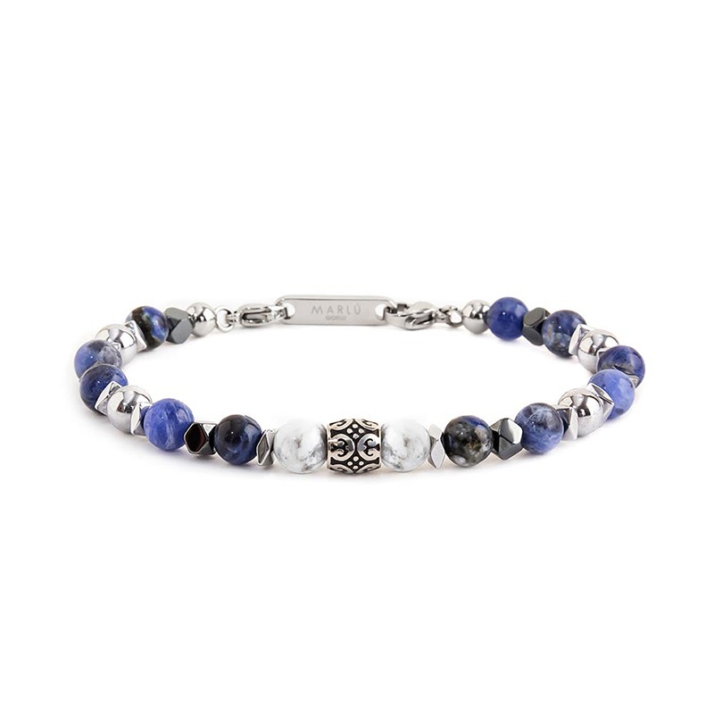 BR SODALITE AND HEMATITE BALLS STONE S.steel polished bracelet on center with s.steel cylinder with black oil texture 7*6.90 mm, BR SODALITE AND HEMATITE BALLS STONE S.steel polished bracelet on center with s.steel cylinder with black oil texture 7*6.90 mm,