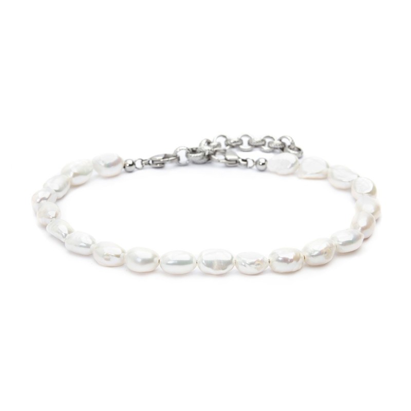 S.S. ANKLET WITH WHITE IRREGULAR PEARLS S.Steel anklet with box rounded chain 0,60 mm thickness with white irregular pearls 7*8