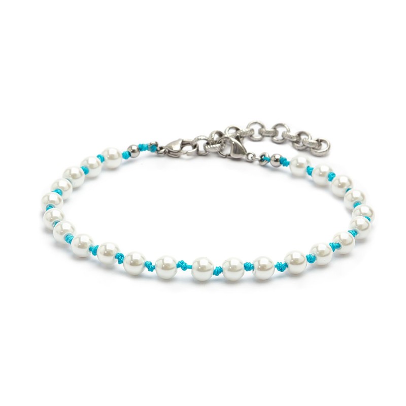 S.S. ANKLET TURQUOISE ROPE WITH PEARLS S.Steel anklet with turquoise rope with knot 0,80 mm diameter, with white pearls 6,70 mm